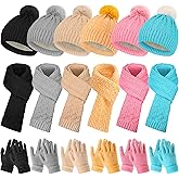Shihanee 12/18 Pcs Kids Hat Scarf Gloves Winter Set Thick Thermal Beanie Hat with Pom Mittens Gift for Girls Boys Aged 5-10