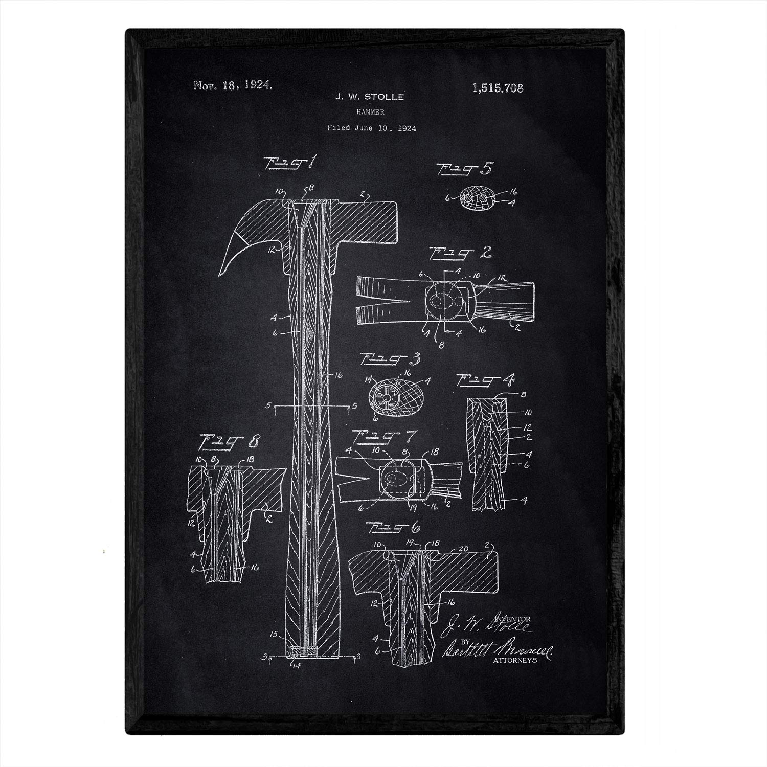 Nacnic Poster Hammer patent. Sheet with old design patent A3 size with black background