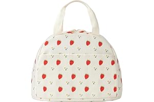 KINGCHEER Cute Corduroy Insulated Lunch Box for Girls Women, Large Capacity Reusable Cooler Bag for Kids, Toddlers, Preschool and Elementary School Lunch Bag(Strawberry and Daisy)