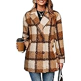 Glamaker Womens Winter Lapel Collar Plaid Jacket Double Breasted Work Pea Coat Jackets Casual Trendy
