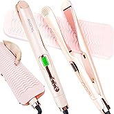 ANGENIL Pro Hair Straightener and Curler 2 in 1, Twist Flat Iron Hair Straightener for Women, Dual Voltage Round Pink Flat Iron with Anti-Scalding Silicone Mat, 11 Adjustable Temp for All Hair Types