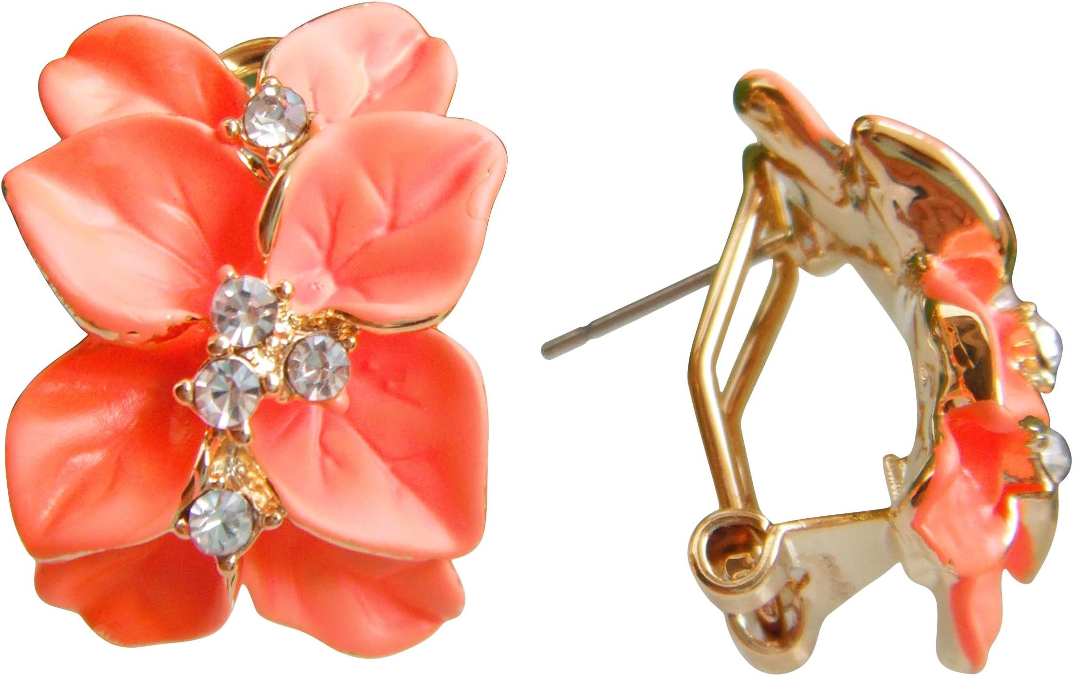 Navachi18k Gold Plated Crystal Enamel Leaves Flower Omega Earrings