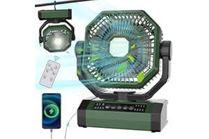 DYMUZIC Portable Rechargeable Fan 35Hrs 10000mAh 9-Inch with Auto Oscillating/Remote/Timer/LED Light, Camping Fan for Tent, Travel, Worksite, Poweroutage, Strong Hurricane, Cordless, Battery Operated Fans