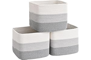 Degeyoyo 3 Pack Cube Storage Bin, 9”x9”x7” Cotton Rope Woven Baskets for Organizing Toys Clothes Towels, Square Gift Storage Baskets for Shelf, Nursery, Closet, Bathroom, Pantry (3-Tone Gray)