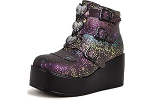 LUCKY STEP Women Platform Chunky Ankle Boots - Round Toe Zipper Wedges High Heels Rave Buckle Thick Sole Goth Booties
