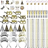 CIEOVO New Year Eve Party Supplies 2026, Black Gold Happy New Year 2026 Cone Hats New Years Eve Hats Glasses Party Blowouts Tattoos Bead Necklaces for NYE Party Favors 2026 Decorations