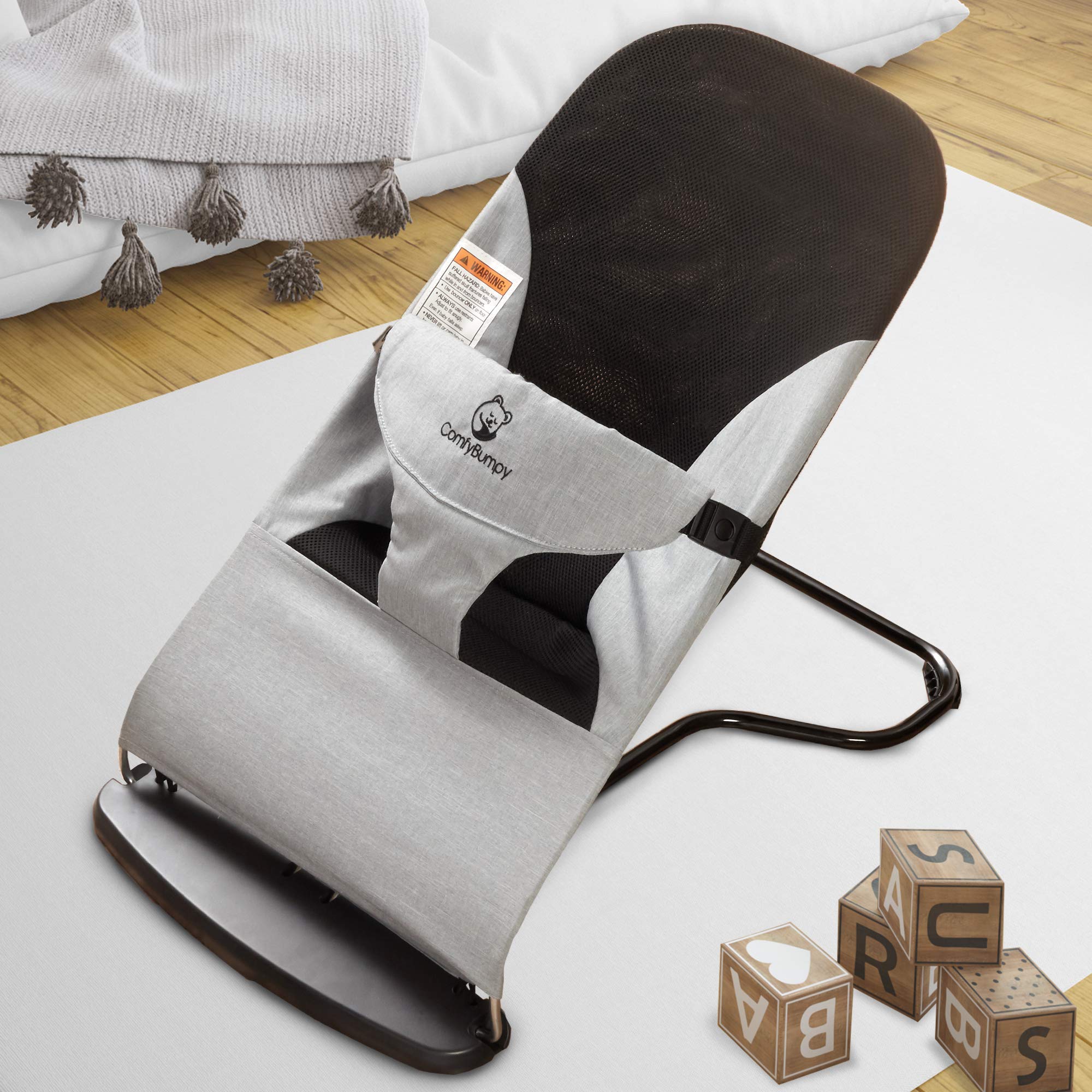 ComfyBumpy Ergonomic Baby Bouncer Seat - Bonus Travel Carry Case - Safe, Portable Bouncing Chair with Adjustable Height Positions - Infant Bouncy Seat Perfect for Newborn Babies (Grey)