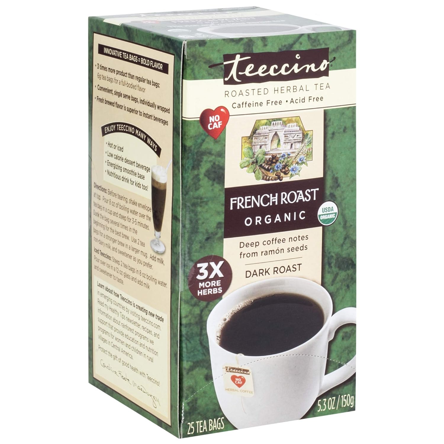 Teeccino Herbal Tea – French Roast – Roasted Chicory | Prebiotic | Caffeine Free | Acid Free | Coffee Alternative, 25 Tea Bags