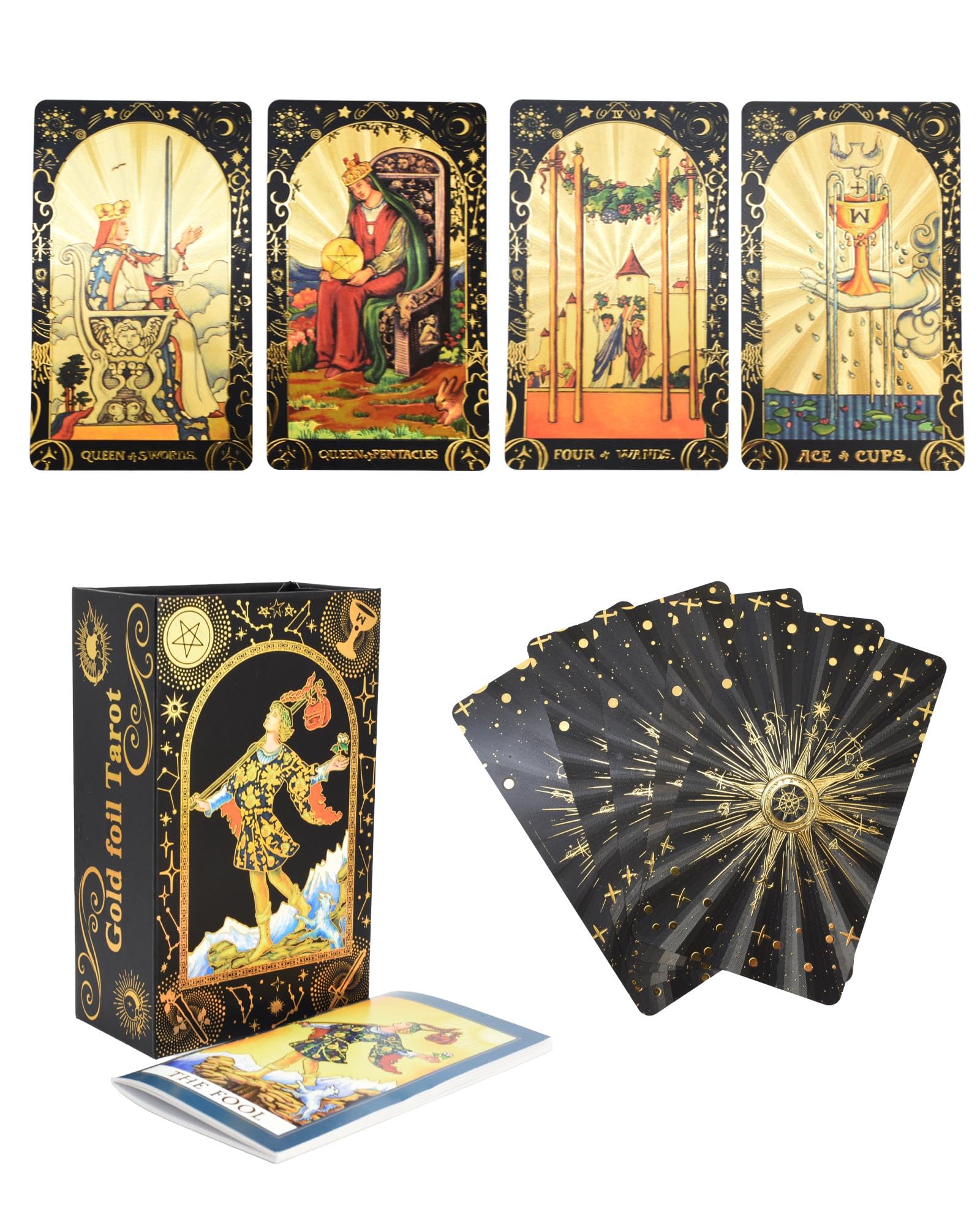 YIMINGOUFEI Gold Foil Tarot Cards Deck, 78 Cards with Guide Book, PVC Waterproof Design, Black and Gold
