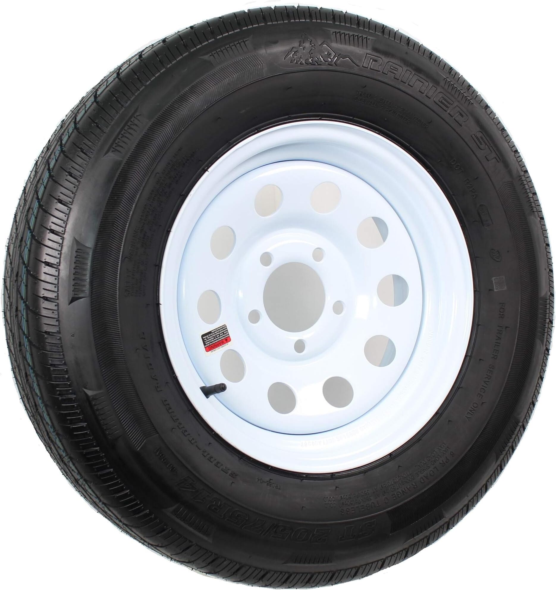 ST205/75R14 LRC 6 PR Rainier ST Radial Trailer Tire on 14" 5 Lug White Mod Trailer Wheel