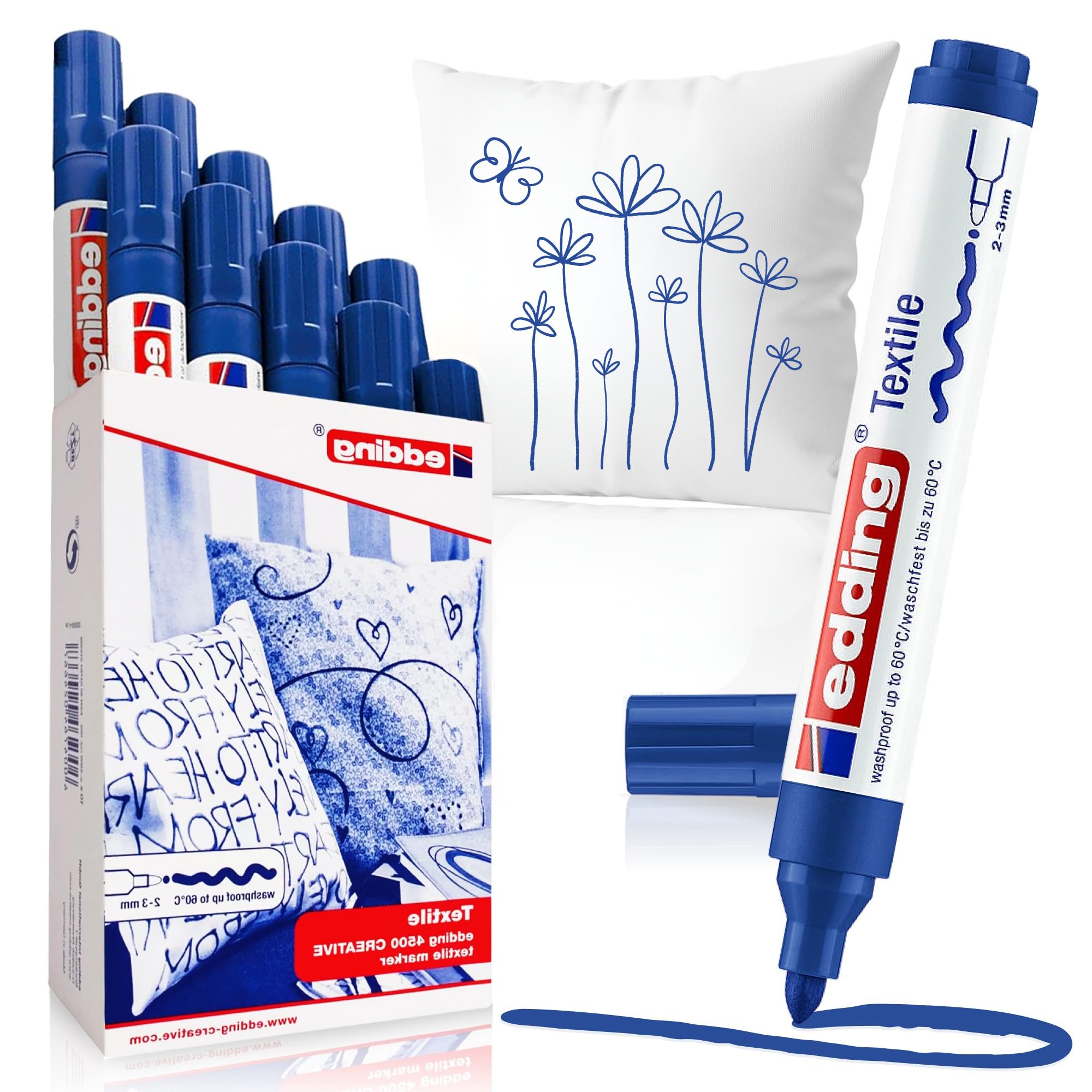 edding 4500 textile marker - blue - box of 10 - round nib 2-3 mm - permanent fabric markers for drawing on textiles, wash-resistant up to 60 °C - marker pens for fabric lettering