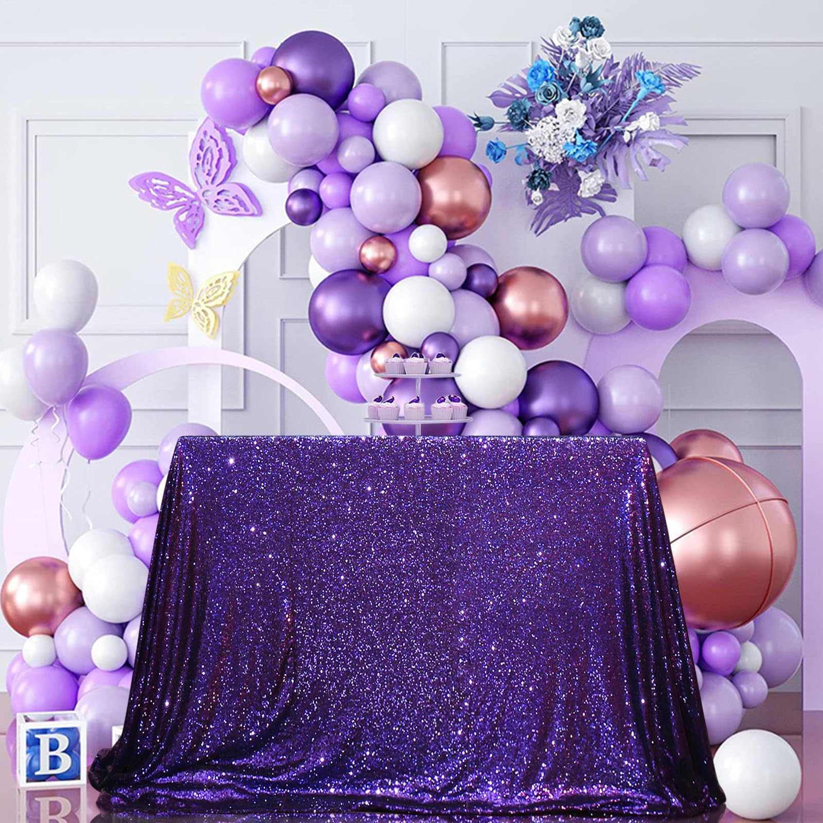 PartyDelight Sequin Tablecloth Purple Sparkly Table Cloth Rectangular 50"x80"