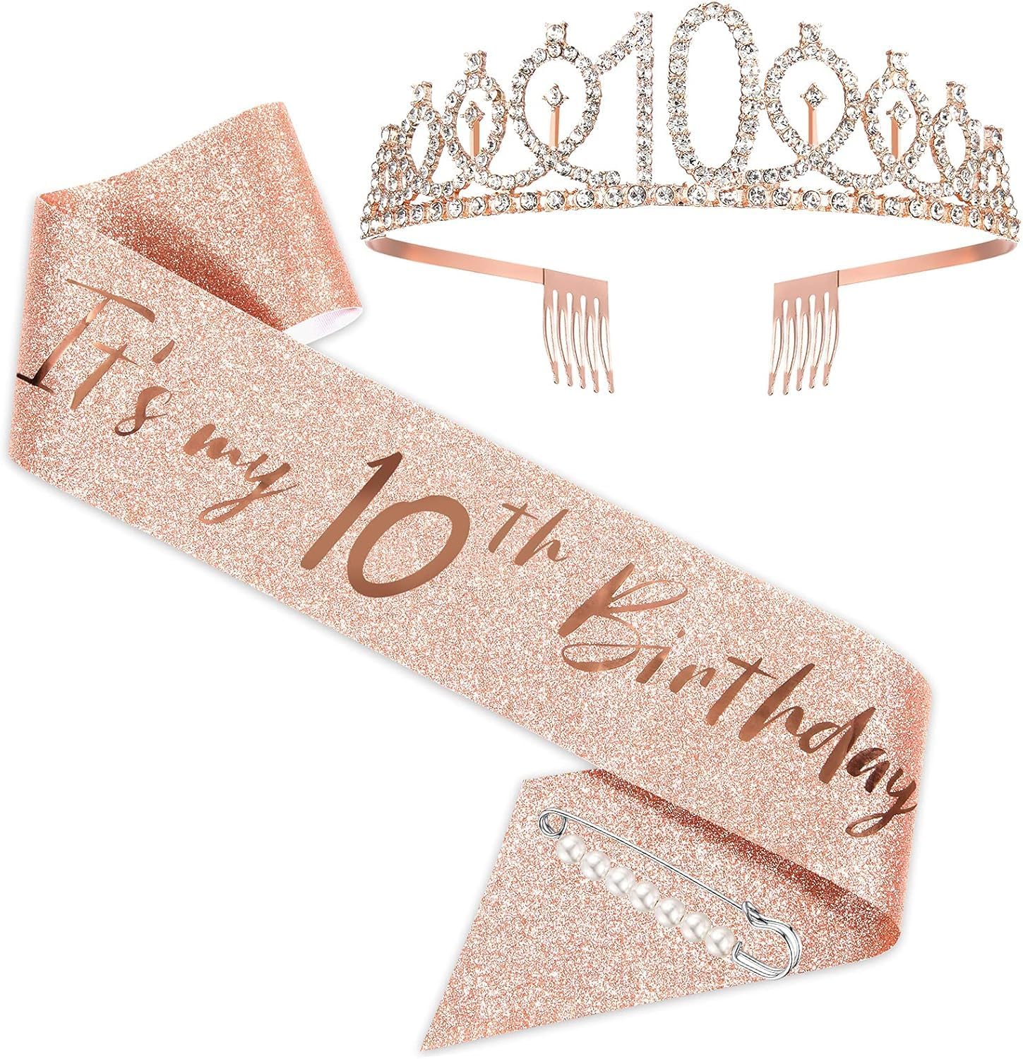 10th Birthday Girl Sash and Crown Rose Gold, 10th Birthday Decorations for Girls, Adjustable 2-Piece Party Accessories, Photo Props for Celebrations, Keepsake for Memory Preservation