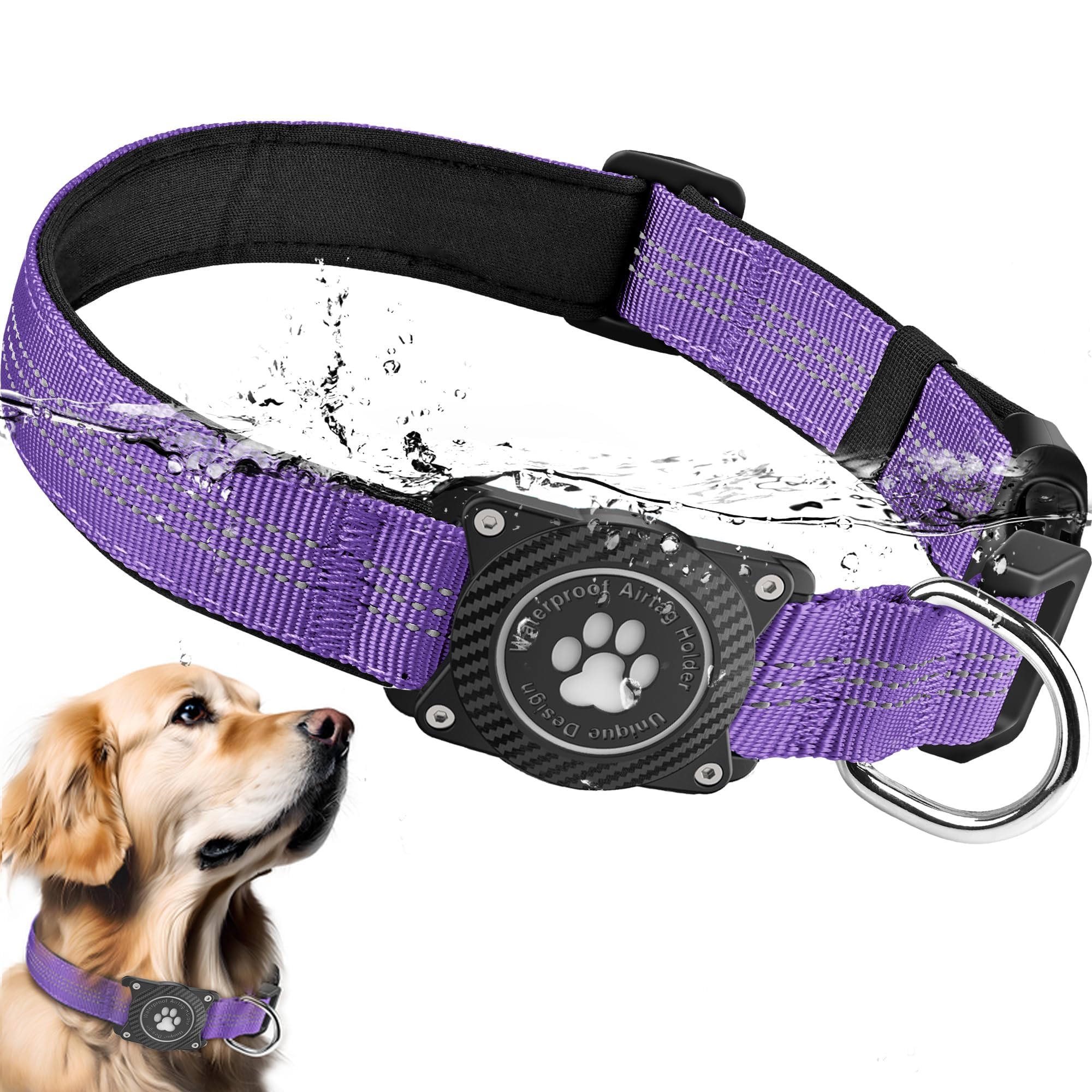 Ytanest Reflective AirTag Dog Collar, Waterproof Air Tag Dog Collar Holder, Luminous,Comfortable and Durable Padded Heavy Duty Dog Collars for Small Medium Large Dogs, Purple, M