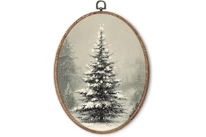 Hxlac Rustic Christmas Tree Oval Wall Art Framed, Winter Snowy Landscape Oval Wall Decor, Cottagecore Christmas Winter Hanging Canvas Prints Wall Sculptures for Farmhouse Home Decor, 8.5x11.5 Inch