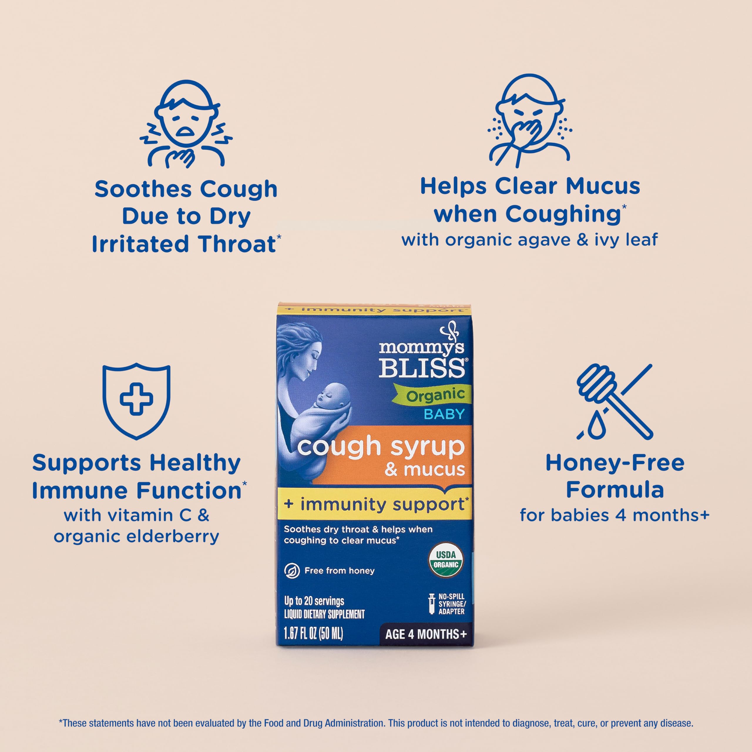 Mommy's Bliss Organic Baby Cough Syrup and Mucus + Immunity Support, Contains Organic Agave and Ivy Leaf, Made for Babies 4 month+, 1.67 Fluid Ounces