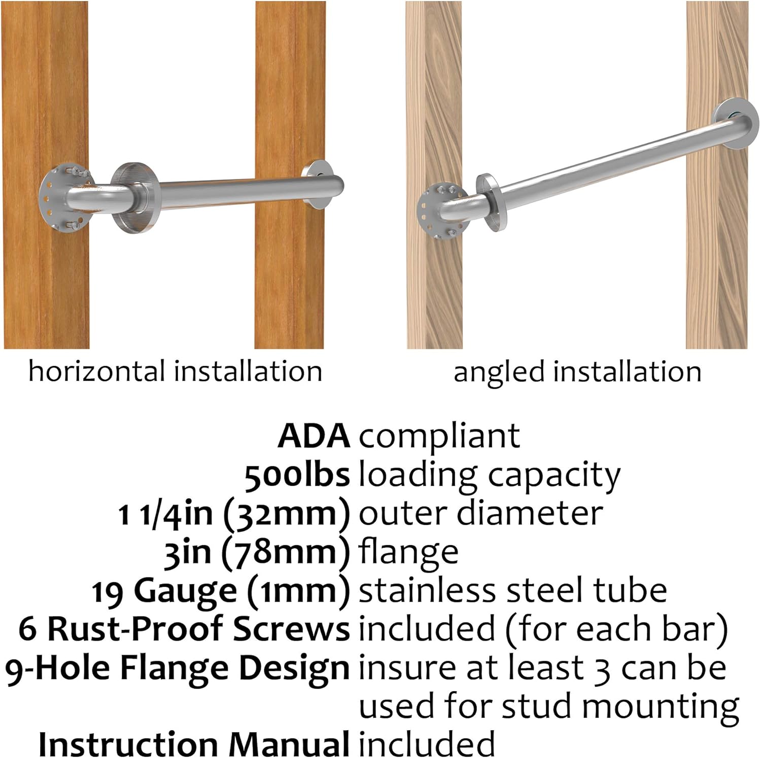 AmeriLuck 24 inches Stainless Steel Bath Safety Grab Bar (2 Pack), ADA Compliant 500lbs Loading Capacity, Brushed Nickel: Health & Personal Care