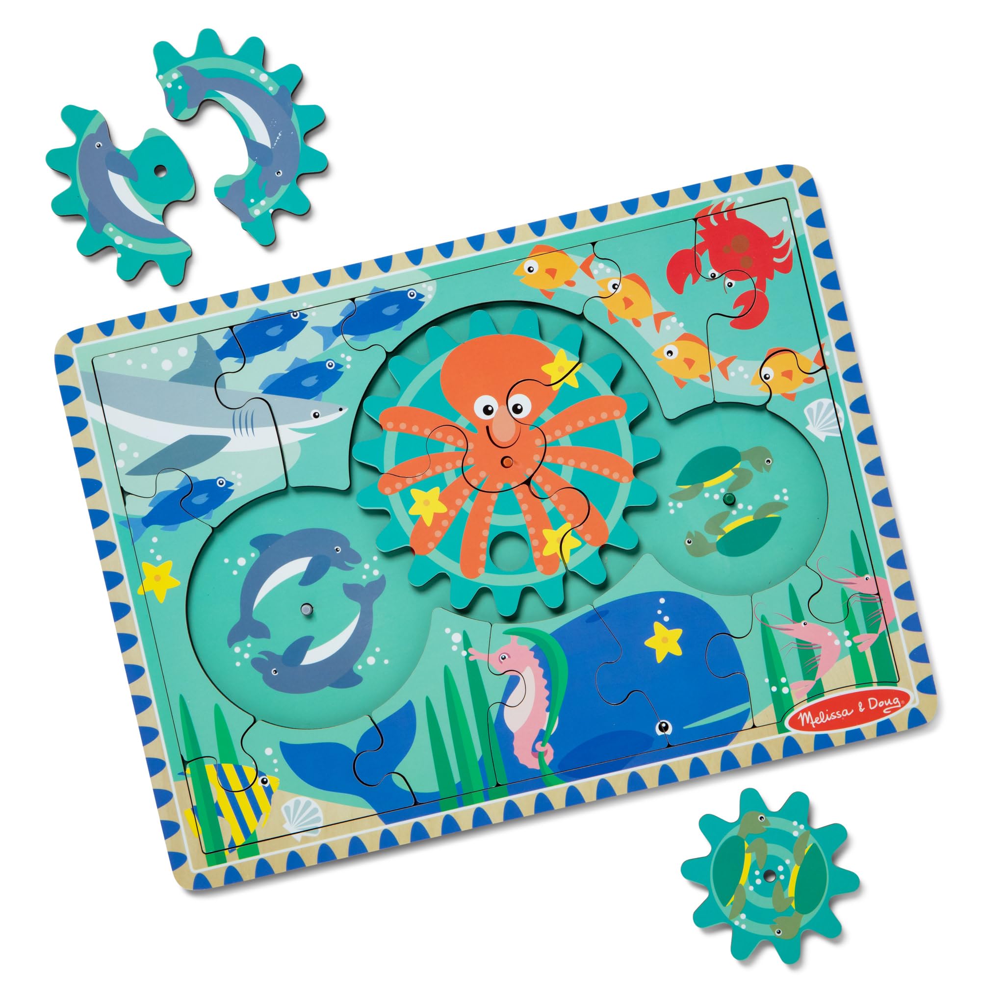 Melissa & Doug Wooden Underwater Jigsaw Spinning Gear Puzzle – 18 Pieces, Puzzles for 3 year olds, Montessori toys, Toddler puzzles, Problem solving, Gift for boy or girl