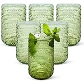 CHLJAR Hobnail Drinking Glasses Set of 6, 14 oz Vintage Glassware Set, Embossed Green Water Tumbler for Beer, Juice, Cocktail, Whiskey, Milk, Green