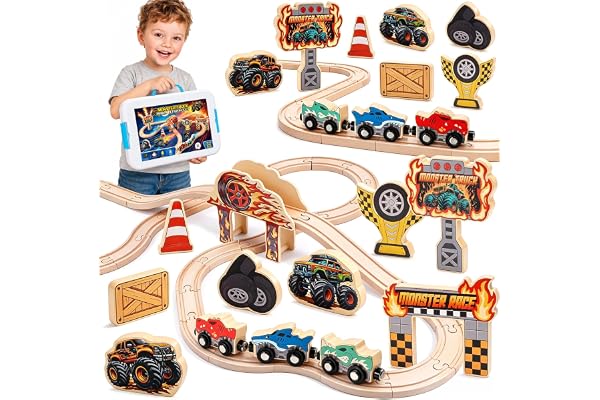 Monster Truck Track Wooden Train Set for Boy 3-5, Birthday Gifts Toys for 3 4 5 Year Old Toddler Boys, Railway Gift Toy for K