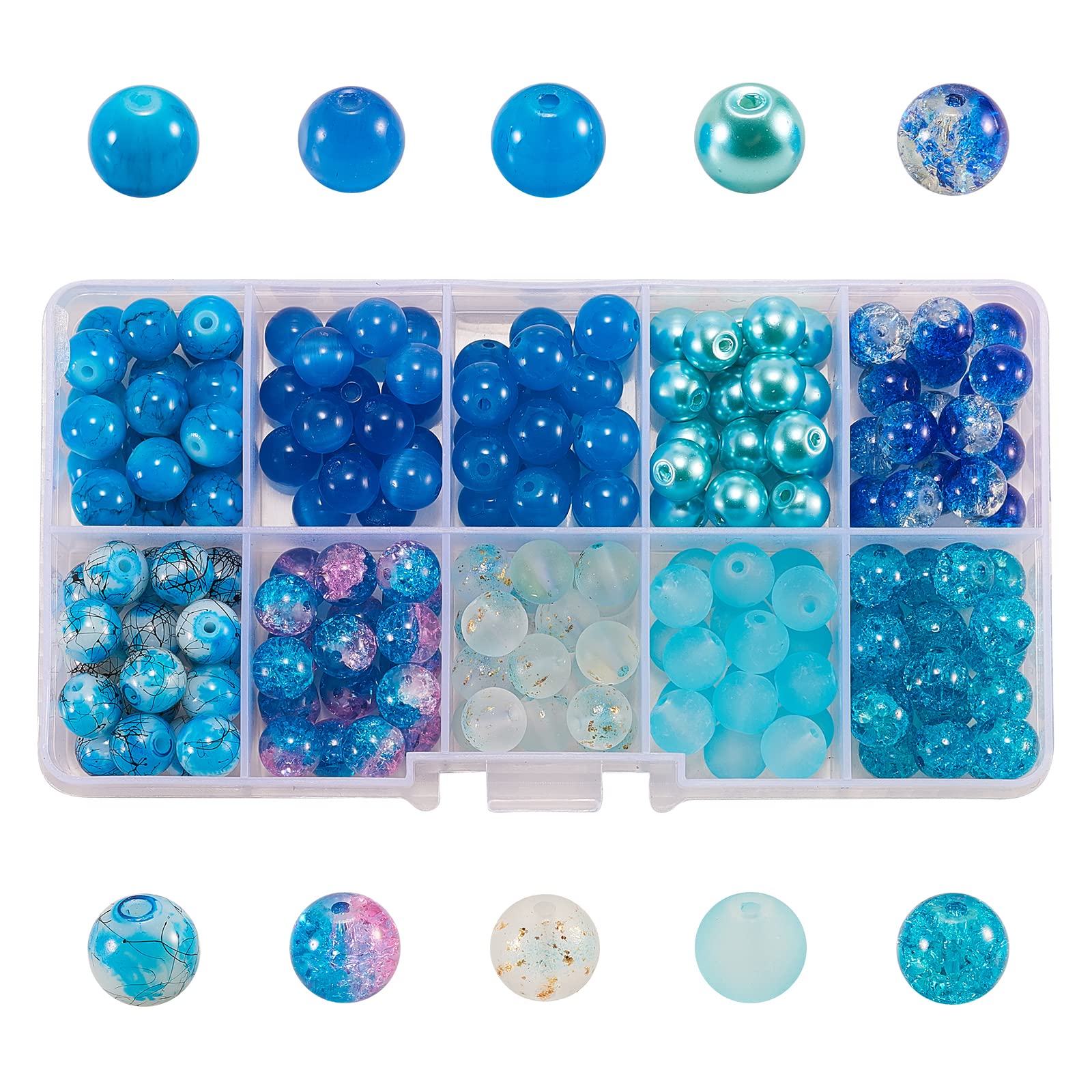 UR URLIFEHALL 200 Pcs 10 Styles 8mm Round Beads Kits Include Transparent Glass Bead Crackle Glass Beads Frosted Glass Beads for Jewellery Craft Making