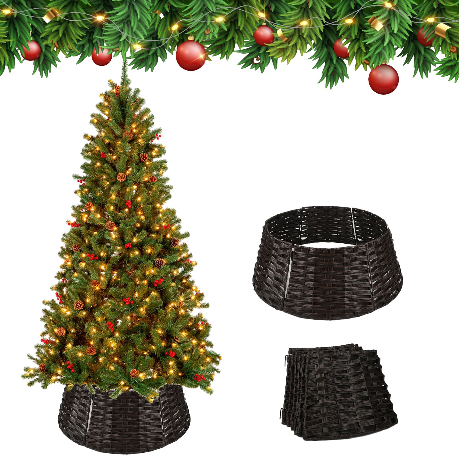 Photo 1 of Christmas Tree Collar, Christmas Tree Base Cover, Plastic Wicker Christmas Tree Ring Basket for Artificial Christmas Trees Decoration, 26Inch Diameter Brown