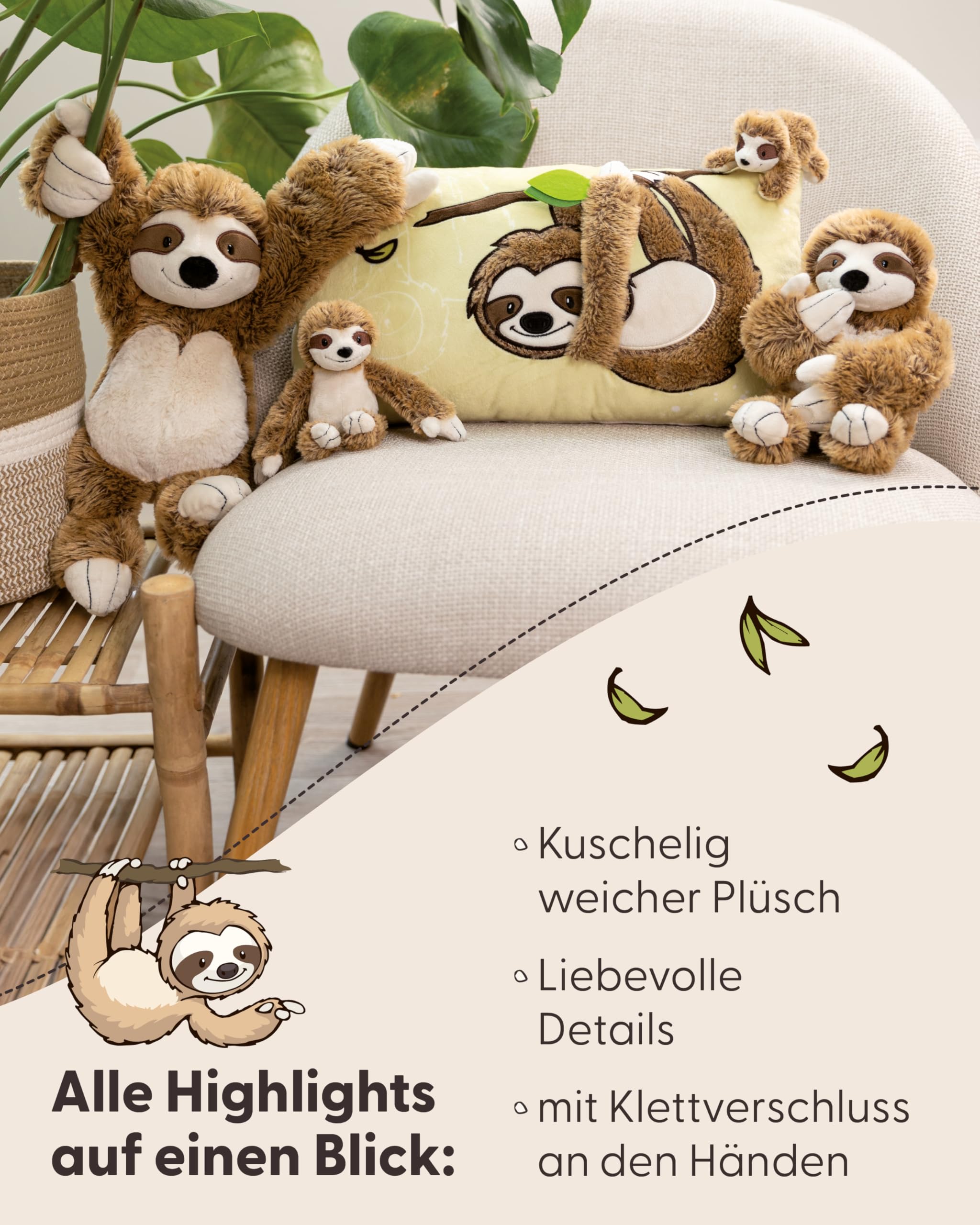 NICI Kuscheltier Faultier Slobby 35cm mit Klettverschluss braun - Stofftier aus weichem Plüsch, niedliches Plüschtier zum Kuscheln und Spielen, für Kinder & Erwachsene - tolle Geschenkidee - 61214 4