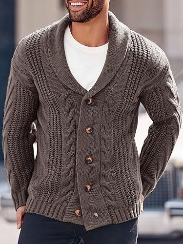 Mens Cable Knit Cardigan Sweater Shawl Collar Loose Fit Long Sleeve Casual  Cardigans