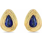 Dainty Oval Triangle Textured Blue 18K gold plated Lapis Lazuli Gemstone Statement Earrings for Women by SNGIA, Small Vintage Button Chunky Bold Handmade Natural Exaggerated Retro Trendy Bohemian Jewelry Gifts, Unique Baroque Stone Summer Beach Fashion Stud Earrings Accessories, Nickle Free Huggies Earrings.