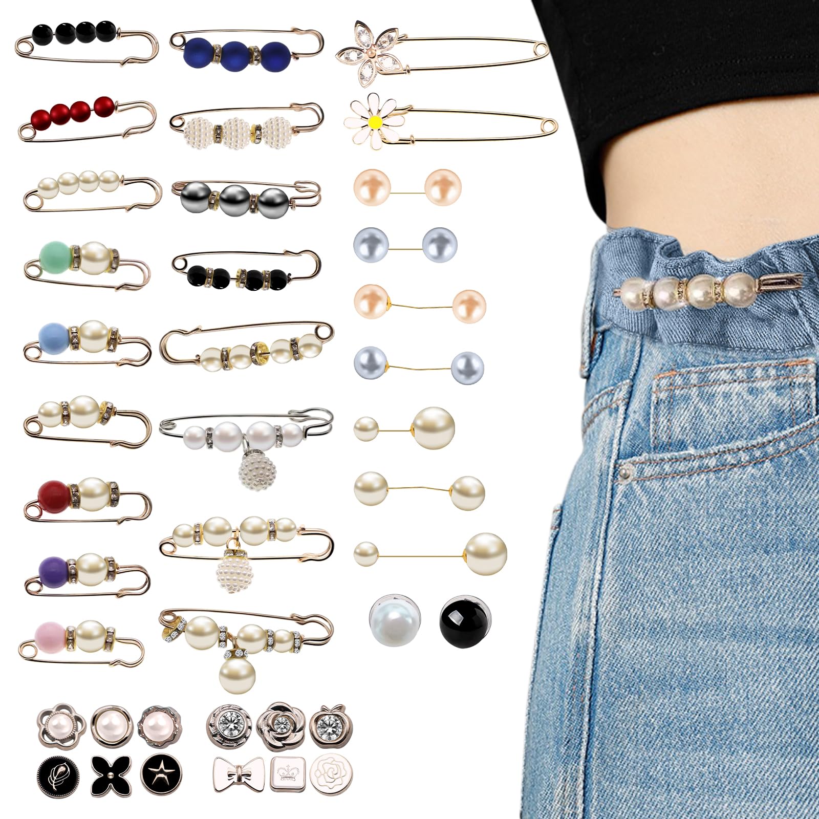 Photo 1 of 40PCS Pearl Brooch Safety Pins, Pant Waist Tightener Sweater Shawl Hat Clip Neckline Pins for Women Girls Fashion Cover Up Buttons Clothing Dress Decoration Accessories