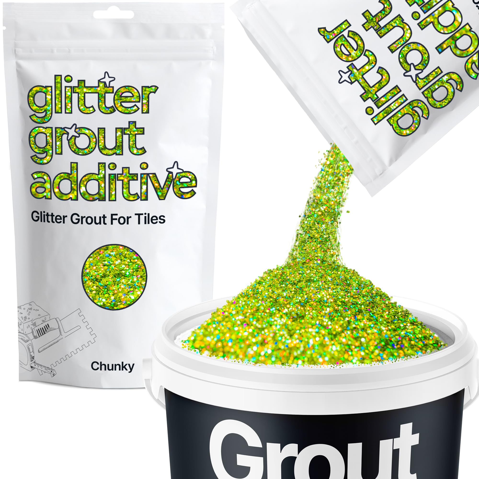 Hemway Lime Green Holographic Glitter Grout Additive Chunky 100g Metallic Flakes for Adding Sparkle to Kitchen & Bathroom Tiles | Enhance Your Indoor Grouting Projects with a Durable Sparkly Effect