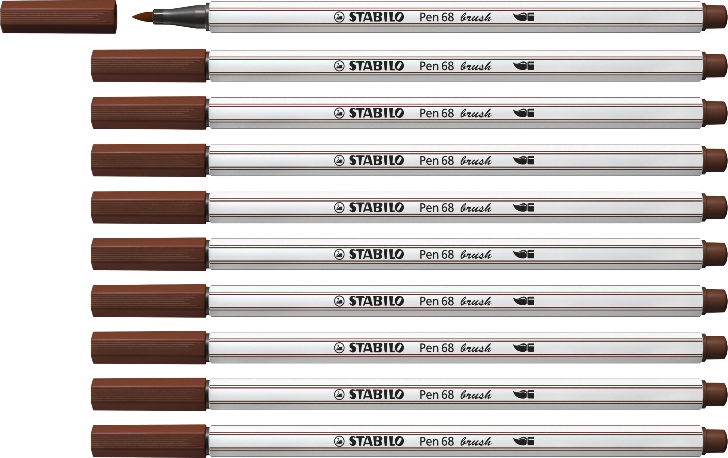 STABILO Pen 68 brush - Premium Fibre-Tip Pen with Brush Tip - Pack of 10 - Brown