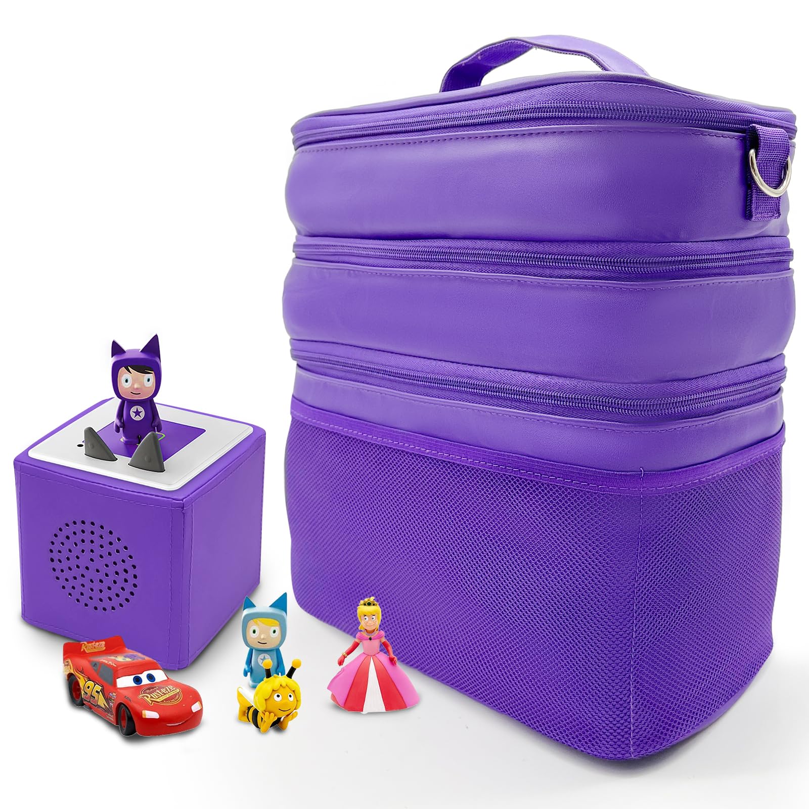 Three-layer music box bag Children's luggage offers plenty of space for Toniebox figures Tigerbox transport foil listening figure cube Mesh compartment Adjustable inner (Purple/Leather)