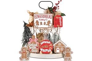 Jetec 12 Pcs Christmas Tiered Tray Decor, Gingerbread, Gingerbread House, Snowflakes, Baking Wooden Sigen Rustic Farmhouse Christmas Tabletop Centerpiece for Home Table Shelf