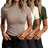 Huukeay 3 Pack Women's Mock Turtleneck Short Sleeve Tops Ribbed Cotton Lettuce Trim T Shirts Slim Fit Casual Base Tee