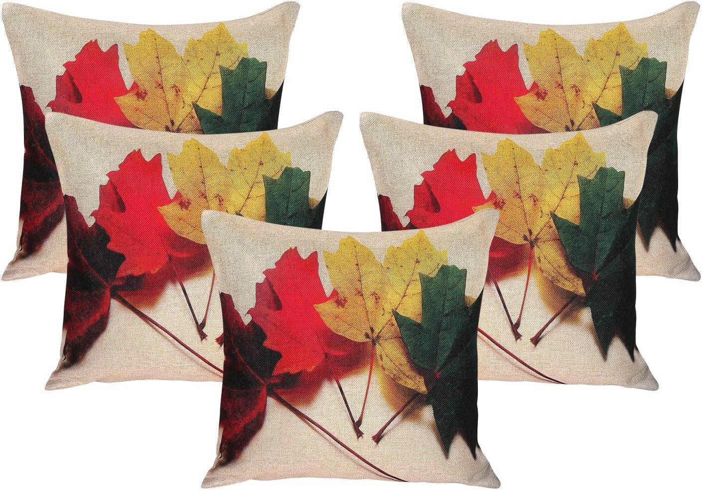 Vinayaka Fab Polyester Jute Fabric Maple Leaves Print Throw/Pillow Cushion Covers (Multicolour, 16 x 16" Inches, Set of 5)