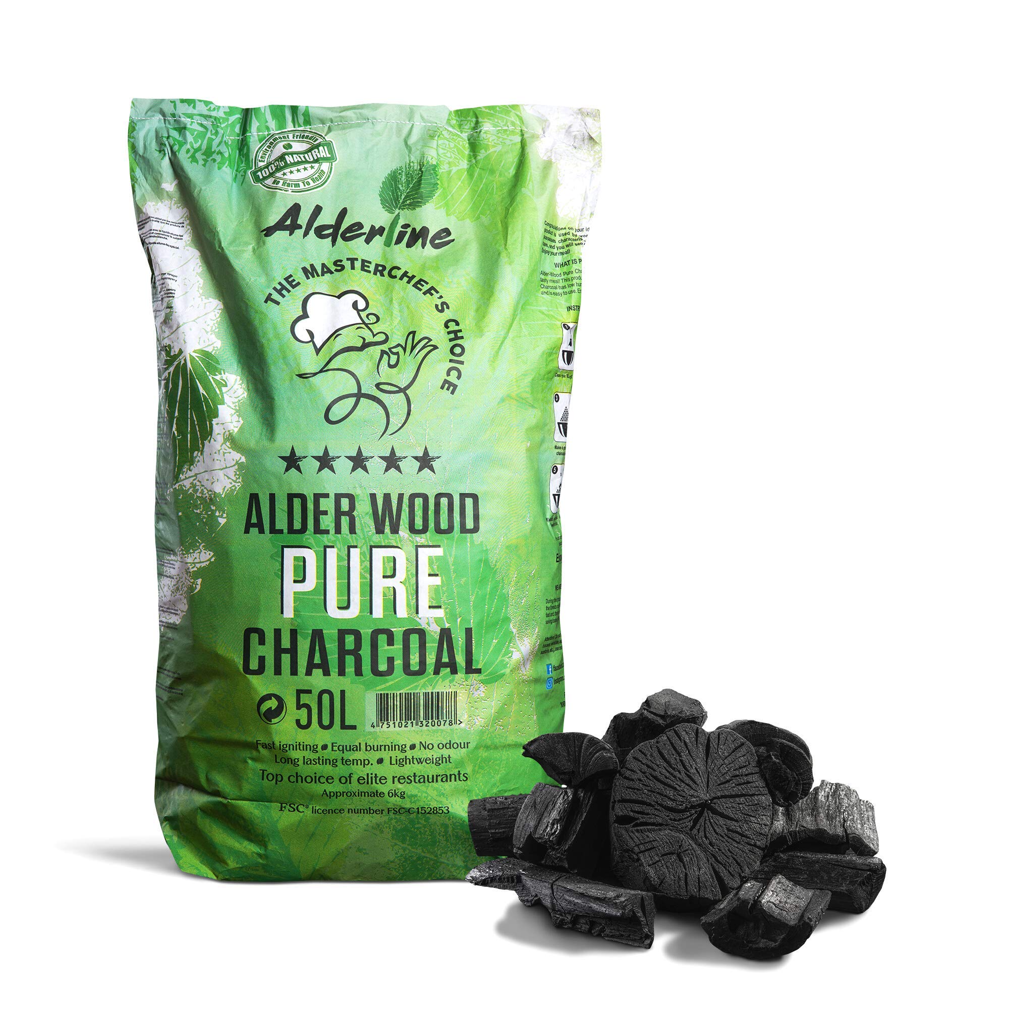 Alderline Natural Restaurant Grade Lumpwood BBQ Charcoal for Barbecues, 50L