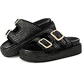 KaroNairy Platform Sandals for Women Raffia Espadrille Wedges Summer Beach Sandals Woven Straw Crochet Sandal Adjustable Double Buckle Strap Rattan Flats