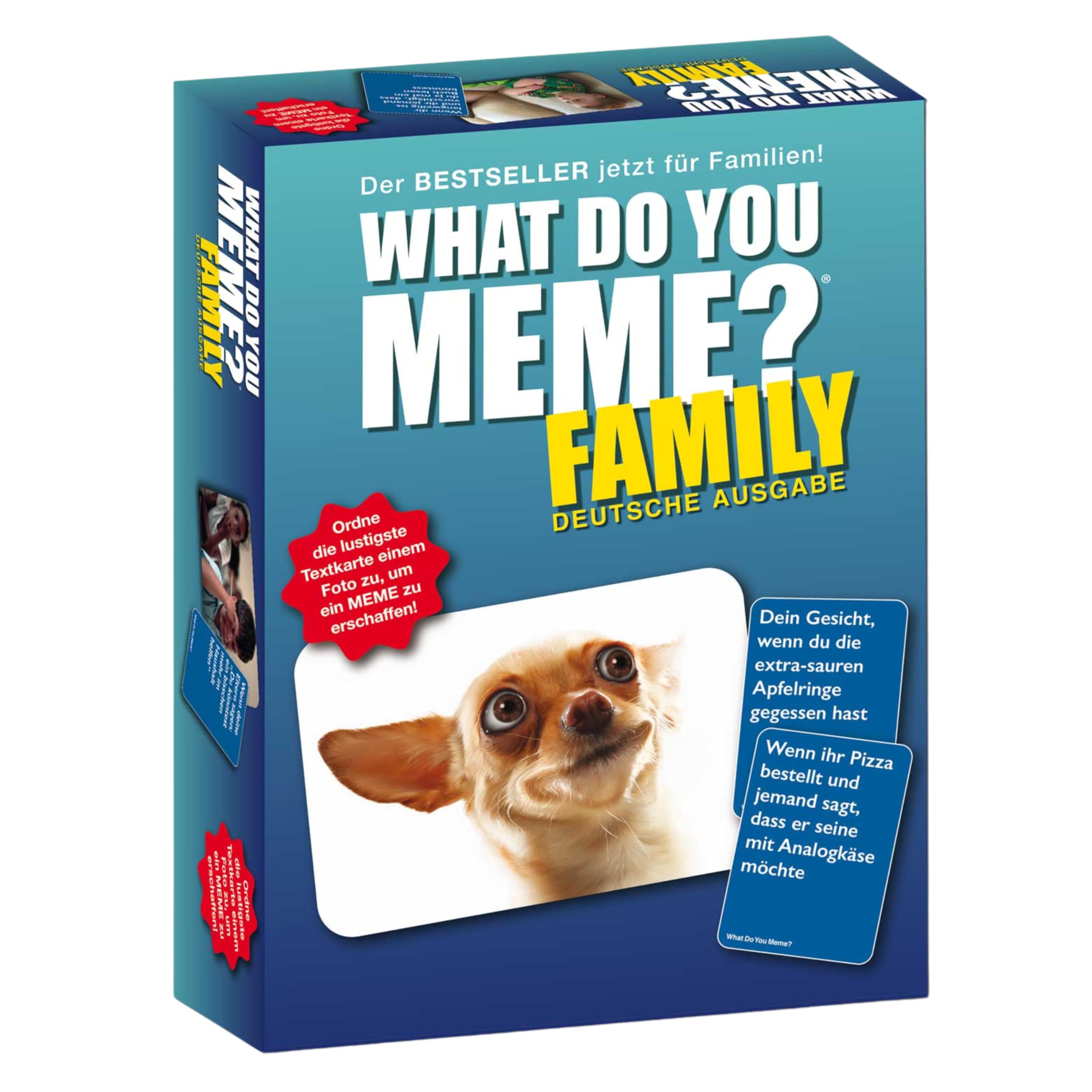 HUCH! | 882592 | What Do You Meme? Family | German Edition Family Game | Party Game | for 3 to 20 Players from 8 Years | With many new memes for even more fun!