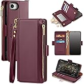 Antsturdy Compatible with iPhone 16e Wallet Case,RFID Blocking PU Leather Phone Case Women Men Kickstand flip Cover Wrist Strap Zipper Credit Card Holder Slots for Apple 16e 2025,Wine Red