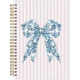 Ecezatik Chinoiserie Blue Floral Bow Notebook Journal, Preppy Aesthetic Journal Notebook for Note Taking Work, Girly Notebook, Preppy Stuff, Pink Striped Spiral Notebook 5.5x8.3 Inch