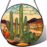 JOSUMALY Stained Glass Window Hanging, Green Cactus Sun Catcher for Door Terrace Garden Home Decor, Abstract Desert Landscape Suncatcher Birthday Gifts for Lovers Women Men Dad Mom Nana 6.3