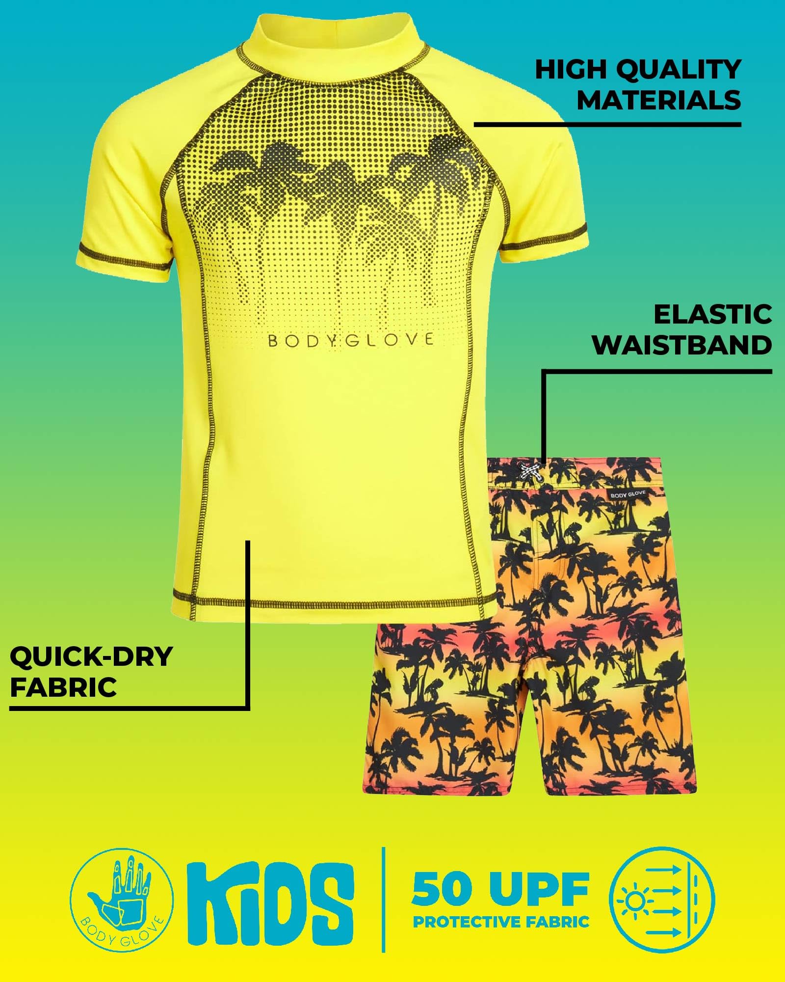 Body Glove Boys Swim Set - Boys Swim Trunks with Rash Guard UPF50+ 2 Piece Bathing Suits with Shorts Swimsuit Set (Size 4-12)