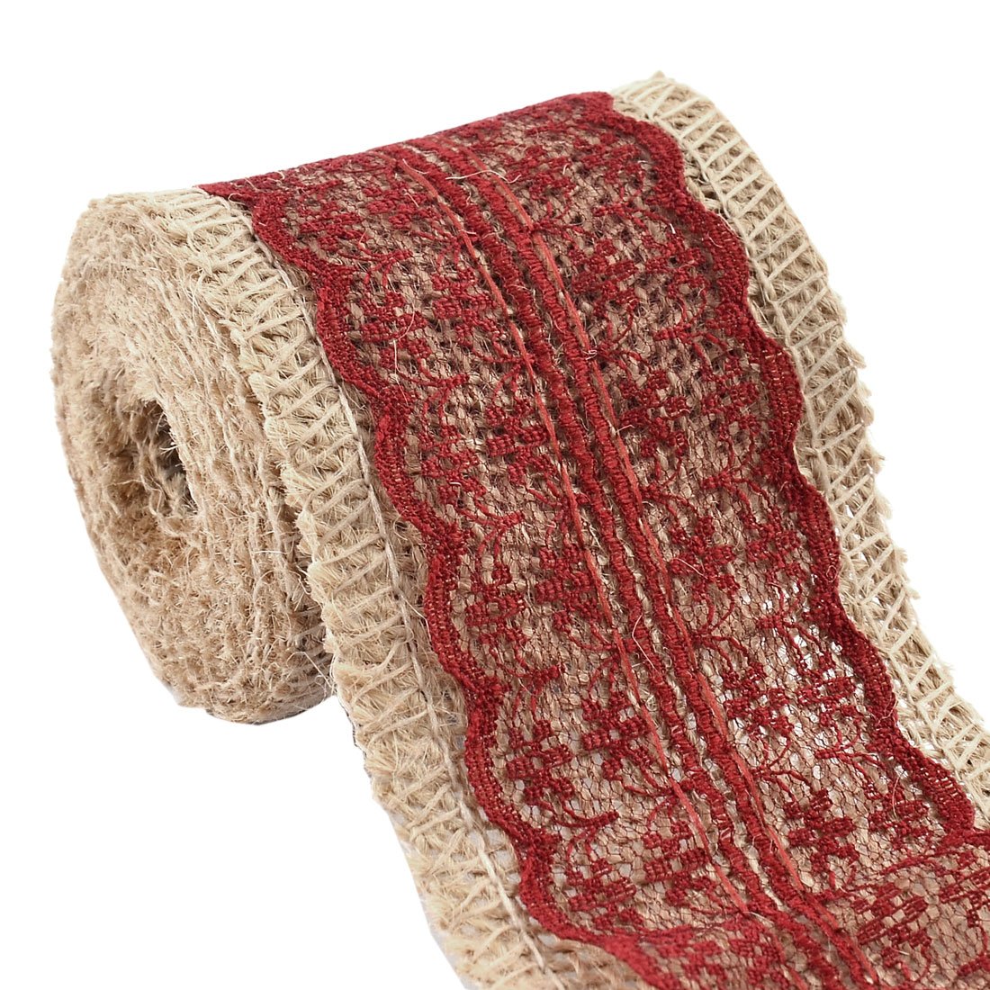 Sourcingmap Burlap Hessian Strap Art Crafts Lace Ribbon Roll Trim Edge 2.2 Yards Burgundy for Wedding