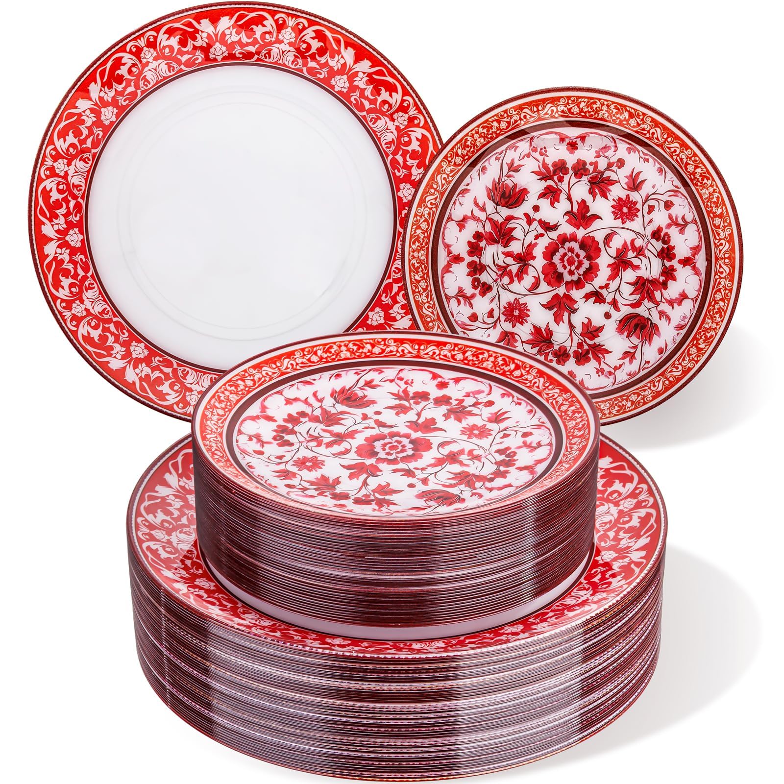 Photo 1 of ***MISSING PIECES -SELLING AS INCOMPLETE*** Hioasis  Red Plastic Plates Set - Floral Red & White Porcelain Design, 10.25" Dinner & 7.5" Dessert Plates Disposable for Christmas (Dishwasher Safe, Art Style)
