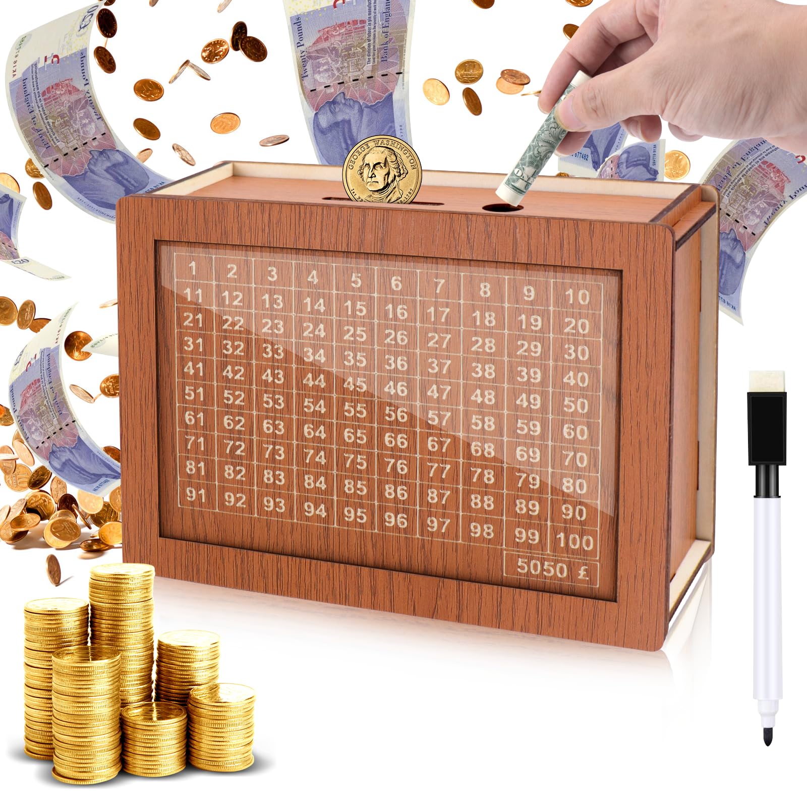 Homgaty Wooden Money Box,Saving Box for 100 Days 5050 Pounds Moneybox Piggy Bank Wooden Money Jar Reusable With Erasable Pen Saving Challenge