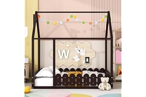 Harper & Bright Designs Full Size House Bed for Kids,Montessori Bed Full Size with Fence-Shaped Guardrails, Wood Full Floor Bed Frames for Girls, Boys(Full,Espresso)