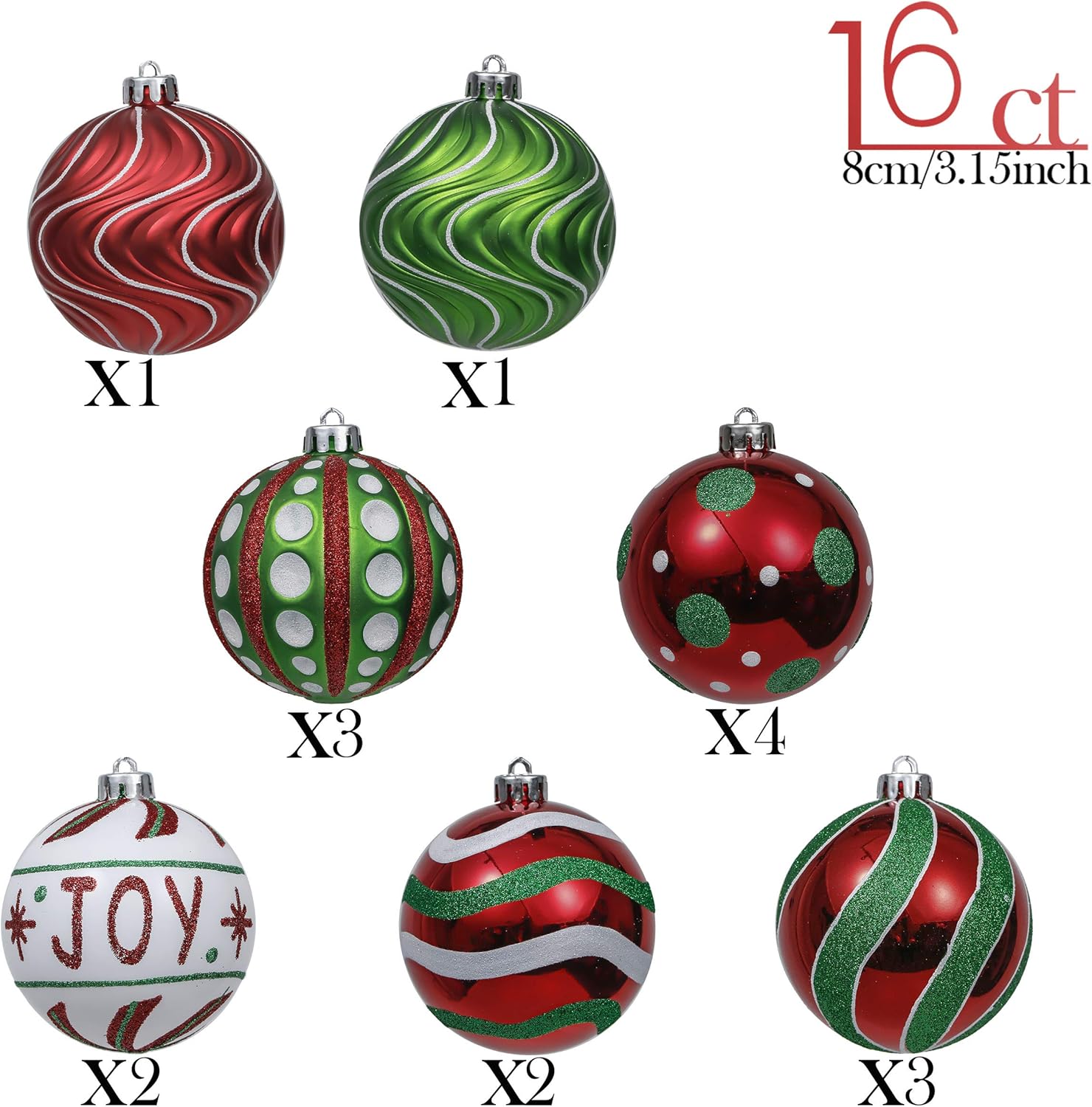 Valery Madelyn Christmas Baubles for Christmas Tree Decorations 16pcs 8cm Red Green and White Shatterproof Giant Baubles for Christmas Tree Balls Ornaments for Xmas Decoration - Image 4