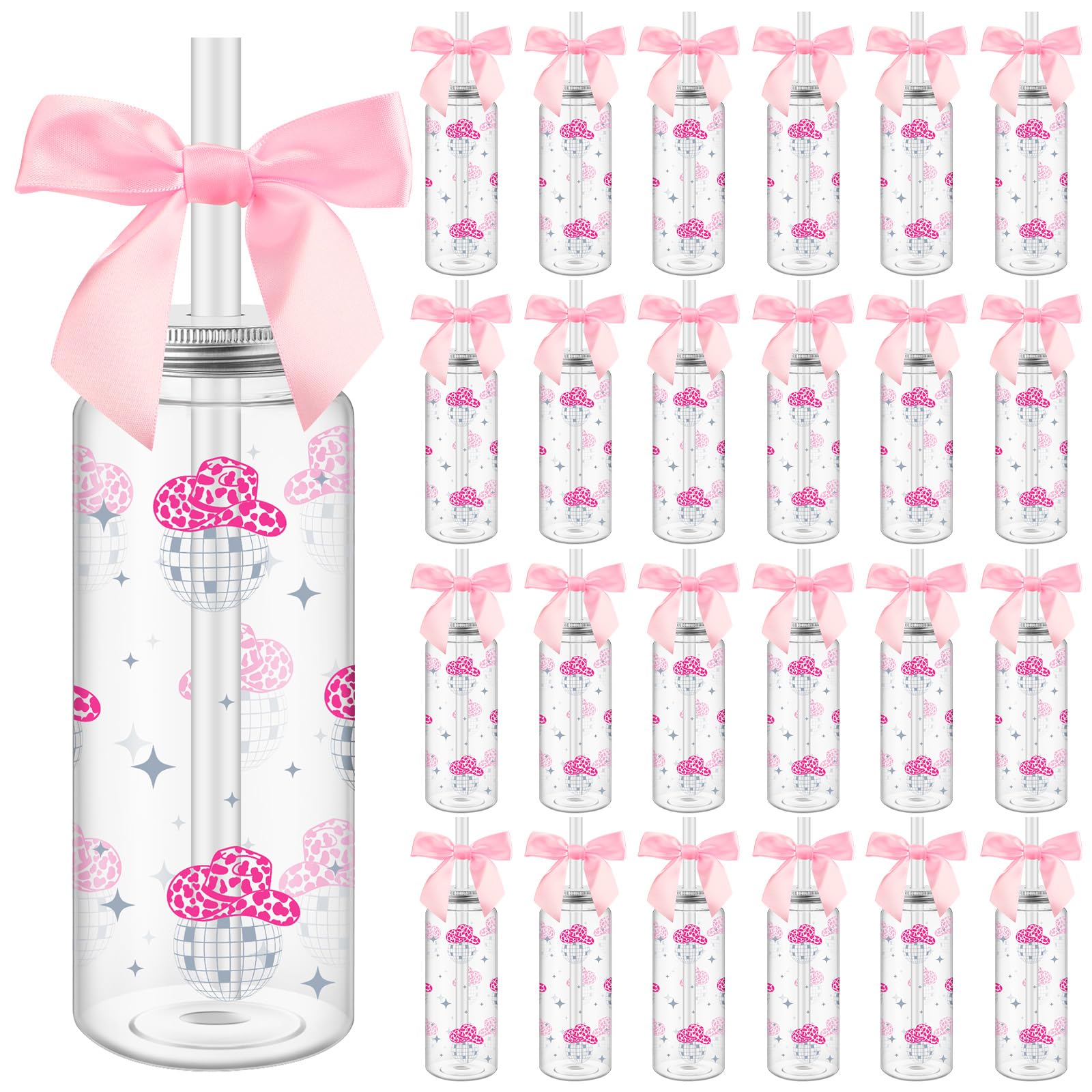 Photo 1 of Honeydak 24 Pcs Western Cowgirl Cowboy Pink Plastic Tumbler 14.2 oz Plastic Cups with Lids and Straws and Bows, Cowgirl Tumbler for Disco Bachelorette Birthday Wedding 70s 80s 90s Party