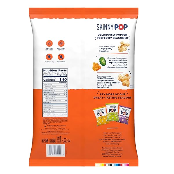 SKINNYPOP POPCORN, CHEDDAR JALAPEÑO, MADE WITH REAL CHEESE, WHOLE GRAIN SNACK, 4.4OZ BAG